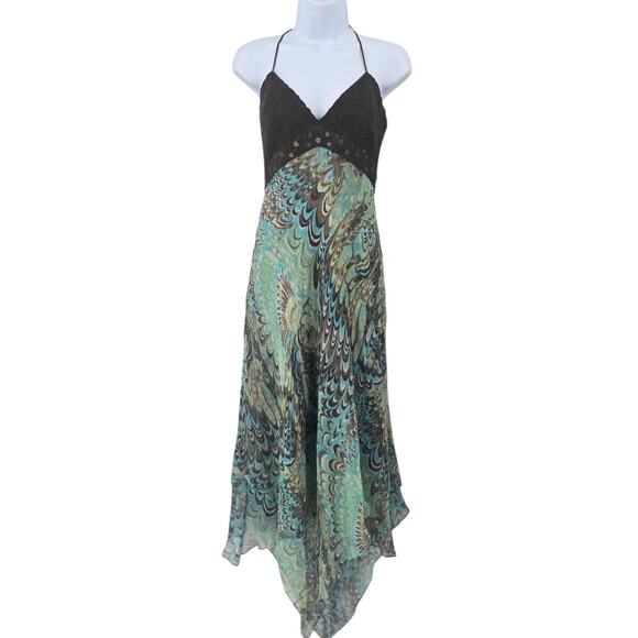 Laundry By Shelli Segal Dresses & Skirts - Laundry Shelli Segal Vintage Y2K Halter Maxi Dress Silk Beaded Crochet Boho 10